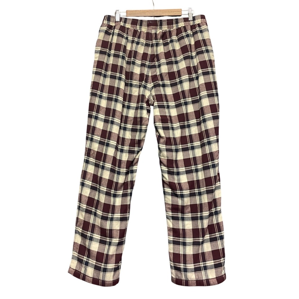 LL Bean Mens Fleece Lined Flannel Pants Plaid Burgundy Cream Size M 32 514883 - Picture 2 of 7
